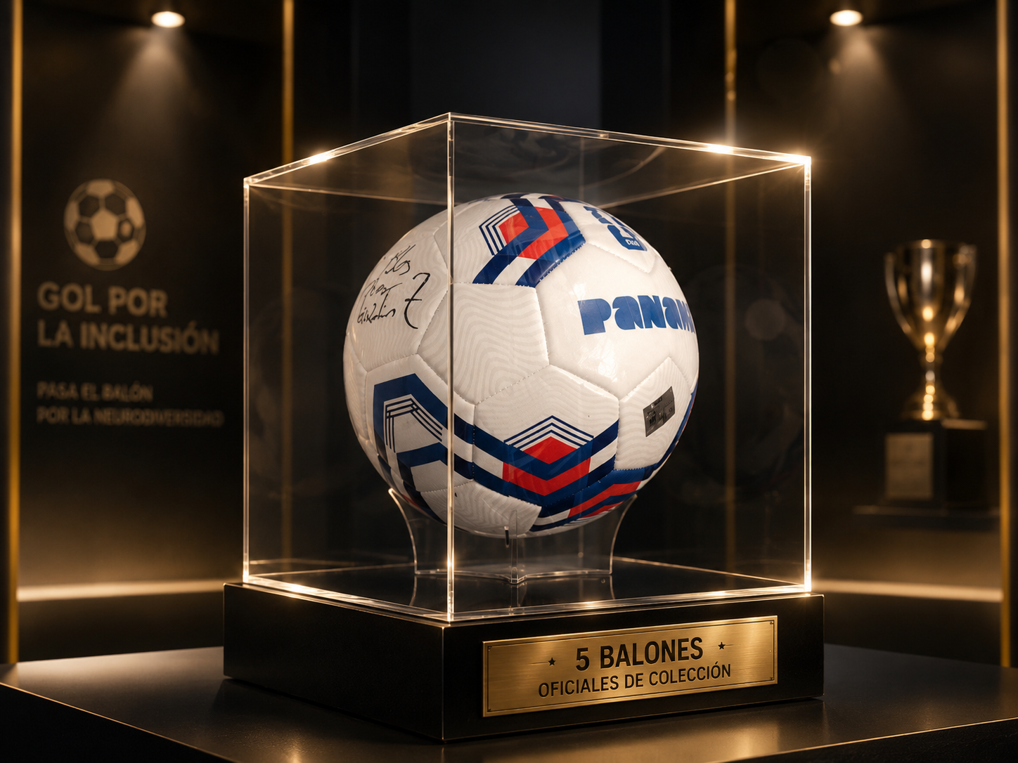 Balón oficial autografiado exhibido en urna acrílica de colección con placa 5 Balones Oficiales de Colección