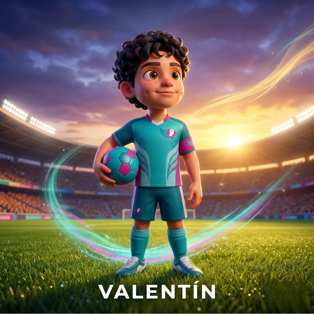 Valentín corriendo con un balón en el estadio, rodeado de estelas turquesa y magenta