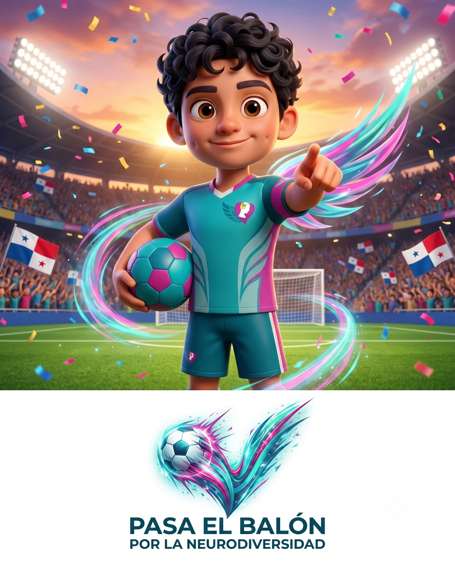 Valentín con uniforme del movimiento sosteniendo el balón en el estadio